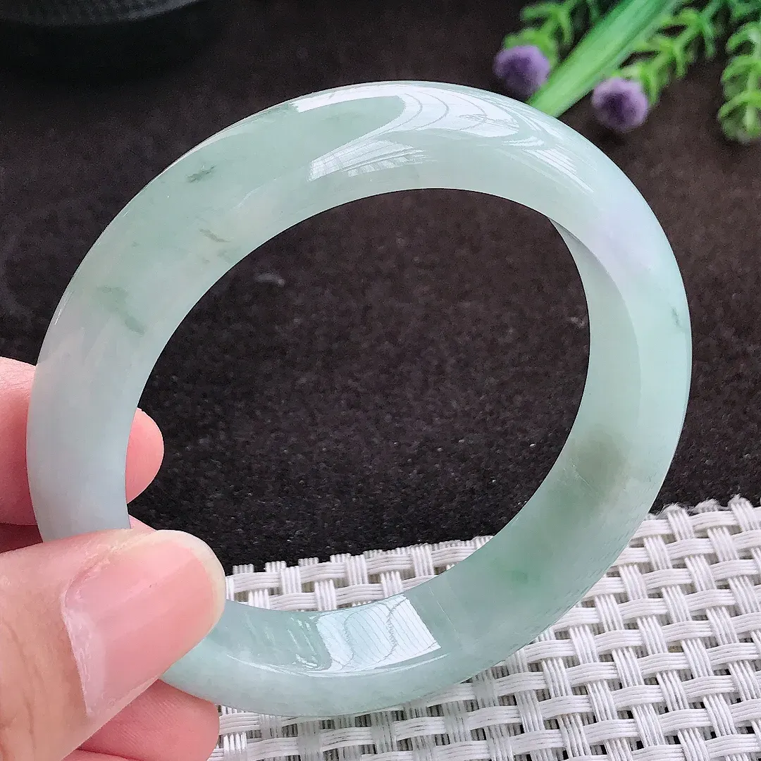 自然光55/12.9/8.3老坑冰润起胶飘花手镯宽边翡翠玉镯手环