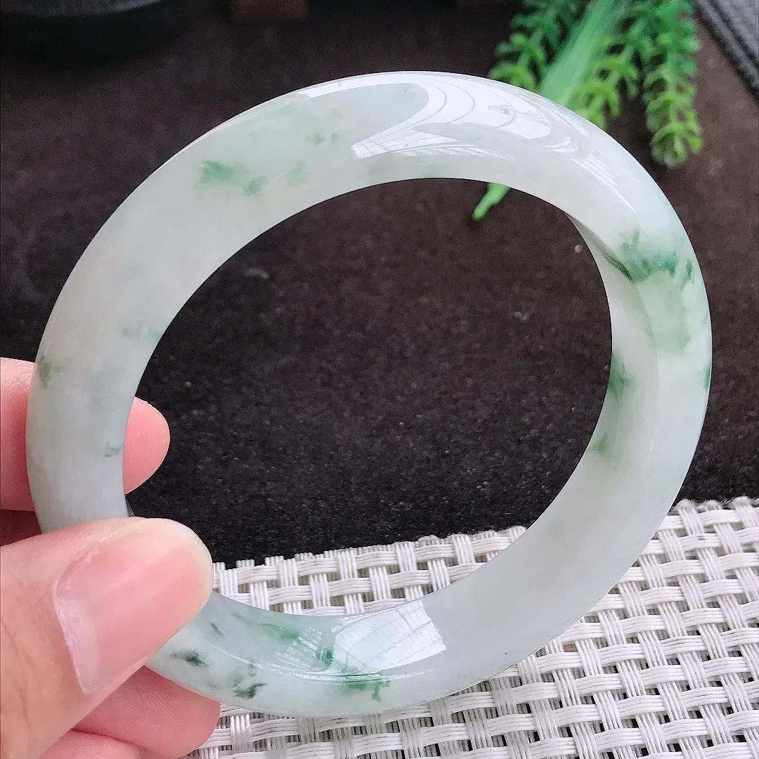 自然光60.5/13.5/9.3老坑精美冰润飘花大圈口手镯宽边翡翠玉镯手环
