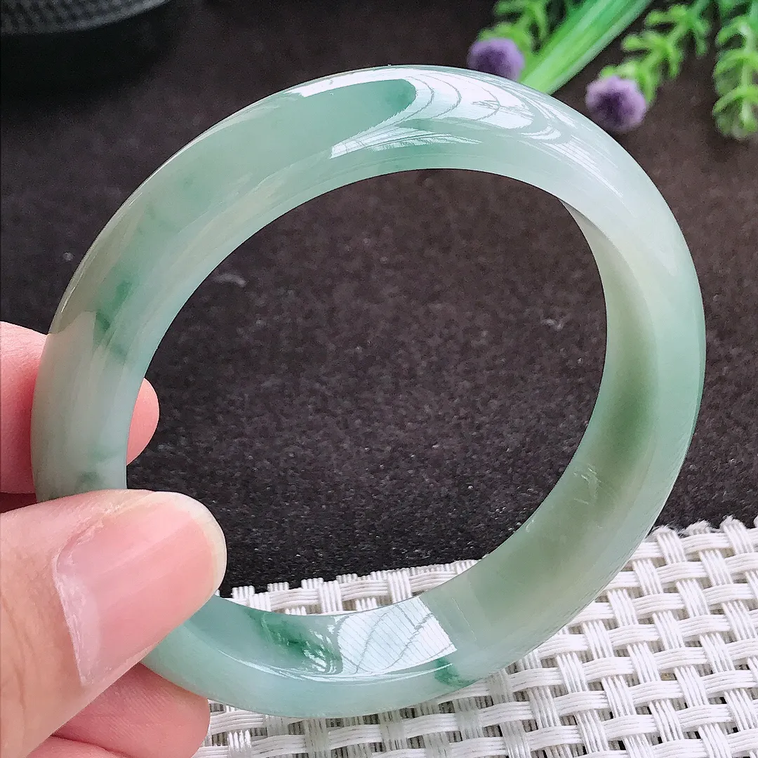 自然光55/12.8/7.8老坑冰润起胶飘花手镯宽边翡翠玉镯手环