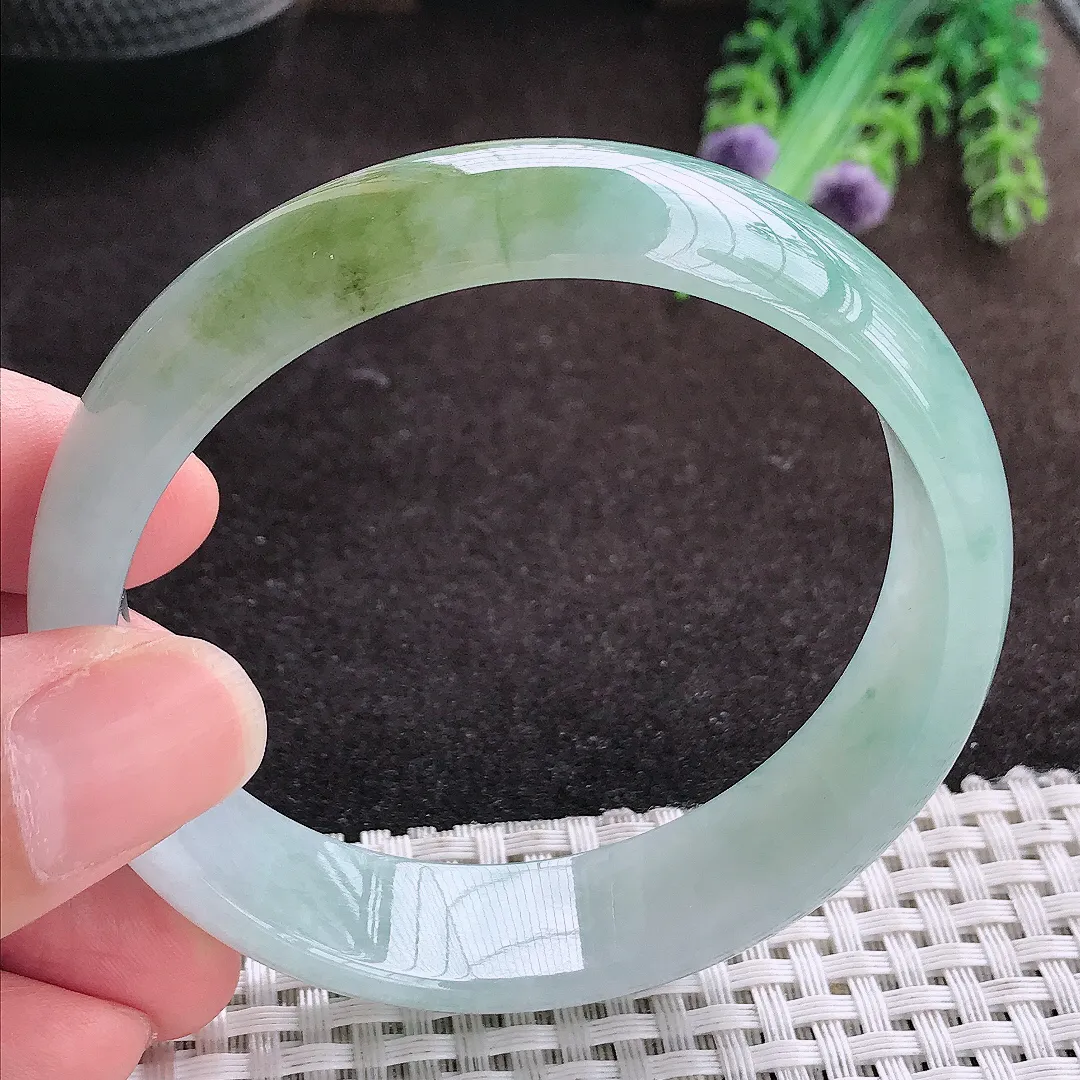 自然光59.5/16/6.5老坑冰胶果冻飘花手镯宽边翡翠轮胎镯玉手环