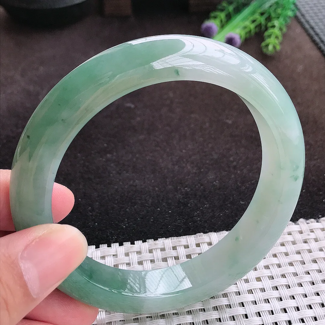 自然光63.8/13.3/9.8老坑冰胶果冻飘花大圈口手镯宽边翡翠玉镯手环