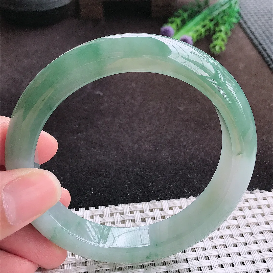 自然光63.8/13.3/9.8老坑冰胶果冻飘花大圈口手镯宽边翡翠玉镯手环