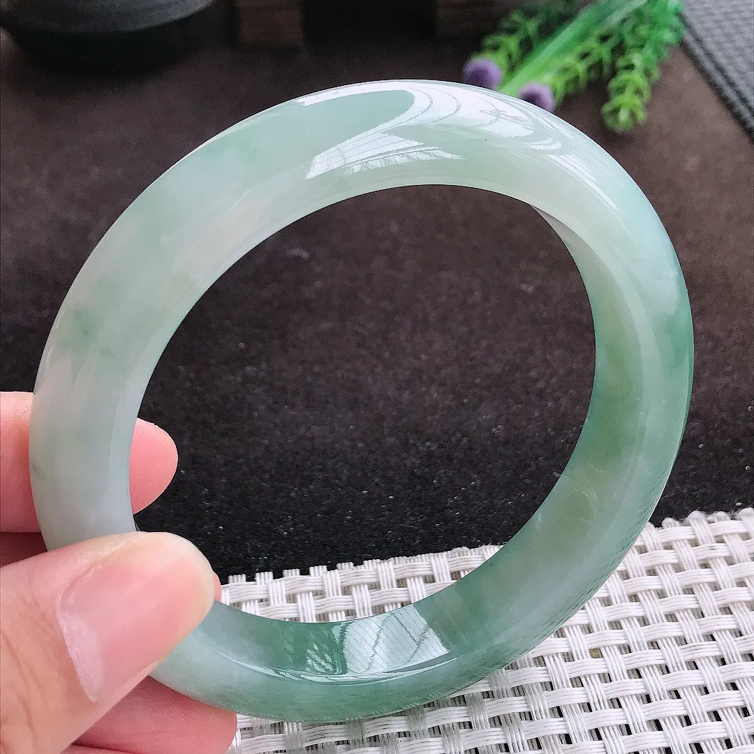 自然光63.8/13.3/9.8老坑冰胶果冻飘花大圈口手镯宽边翡翠玉镯手环