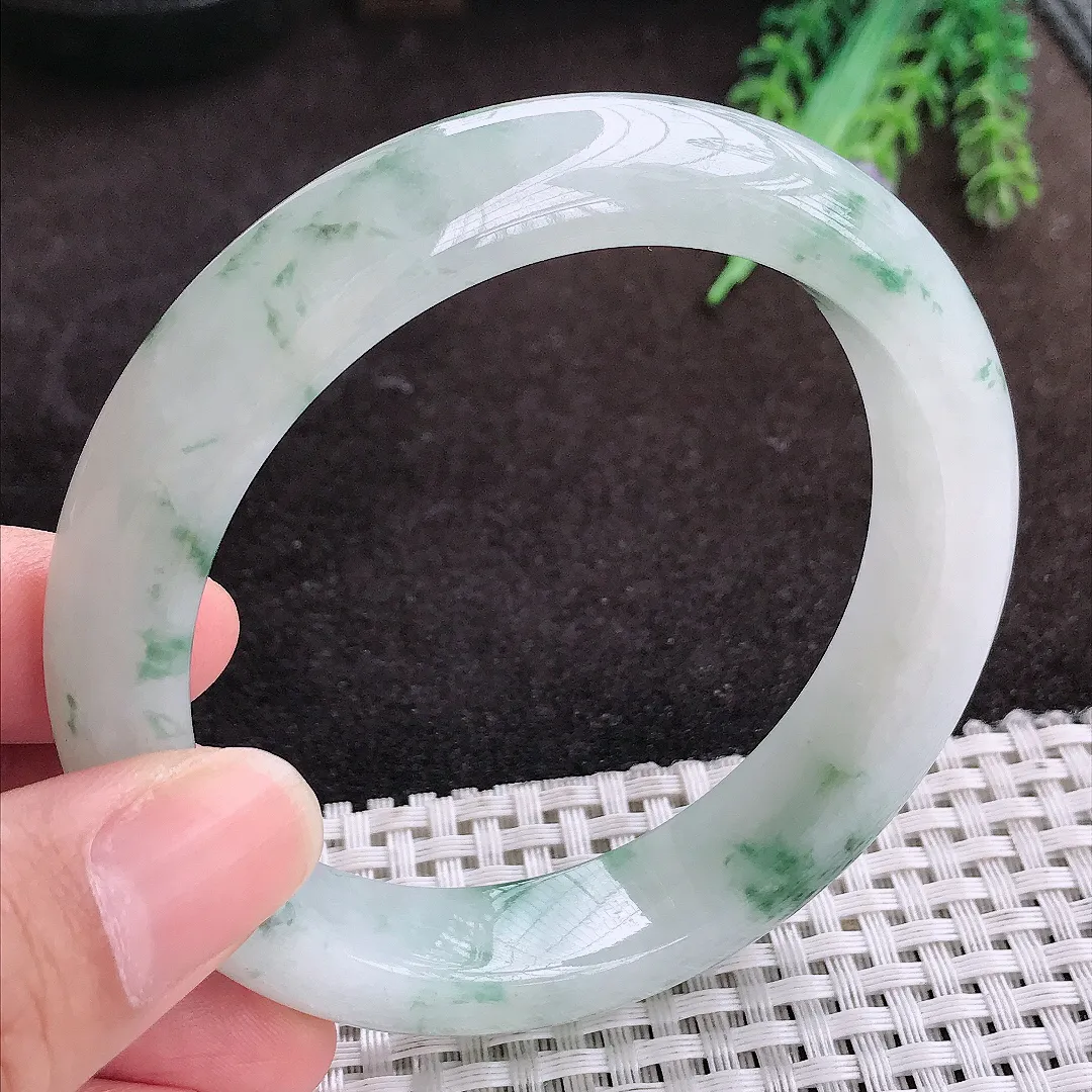 自然光60.5/13.5/9.3老坑精美冰润飘花大圈口手镯宽边翡翠玉镯手环