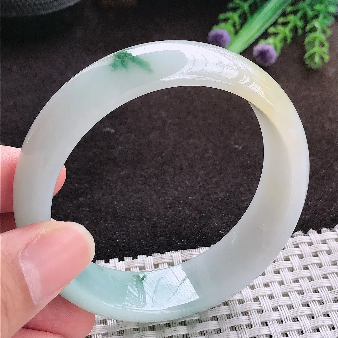 自然光58/18/7.6老坑冰胶水灵飘花轮胎手镯宽边翡翠玉镯手环