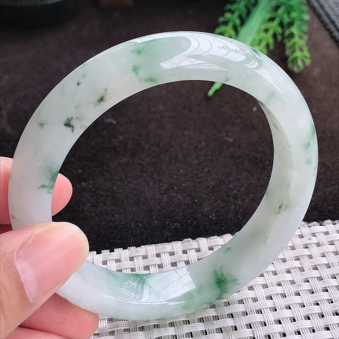 自然光60.5/13.5/9.3老坑精美冰润飘花大圈口手镯宽边翡翠玉镯手环