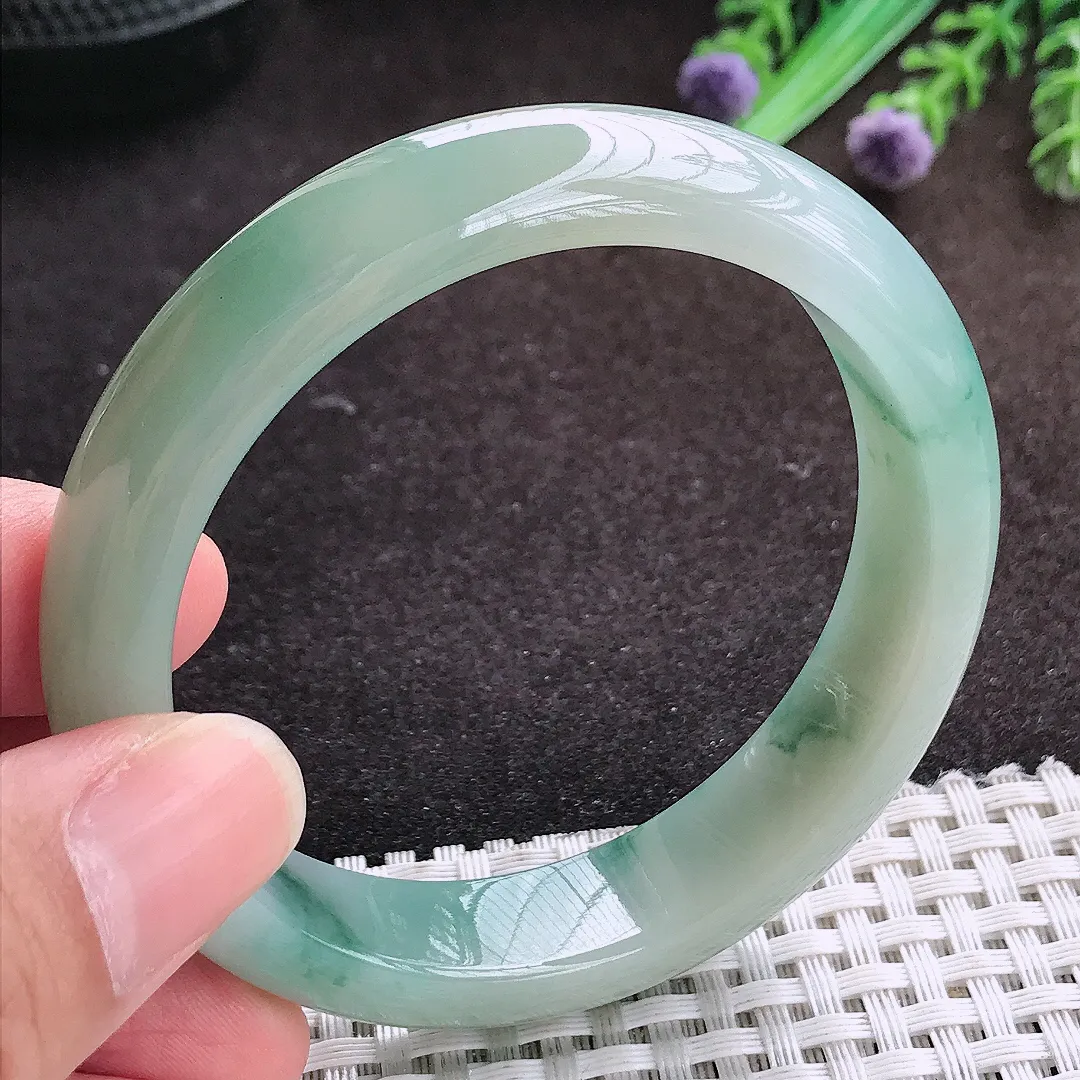自然光55/12.8/7.8老坑冰润起胶飘花手镯宽边翡翠玉镯手环
