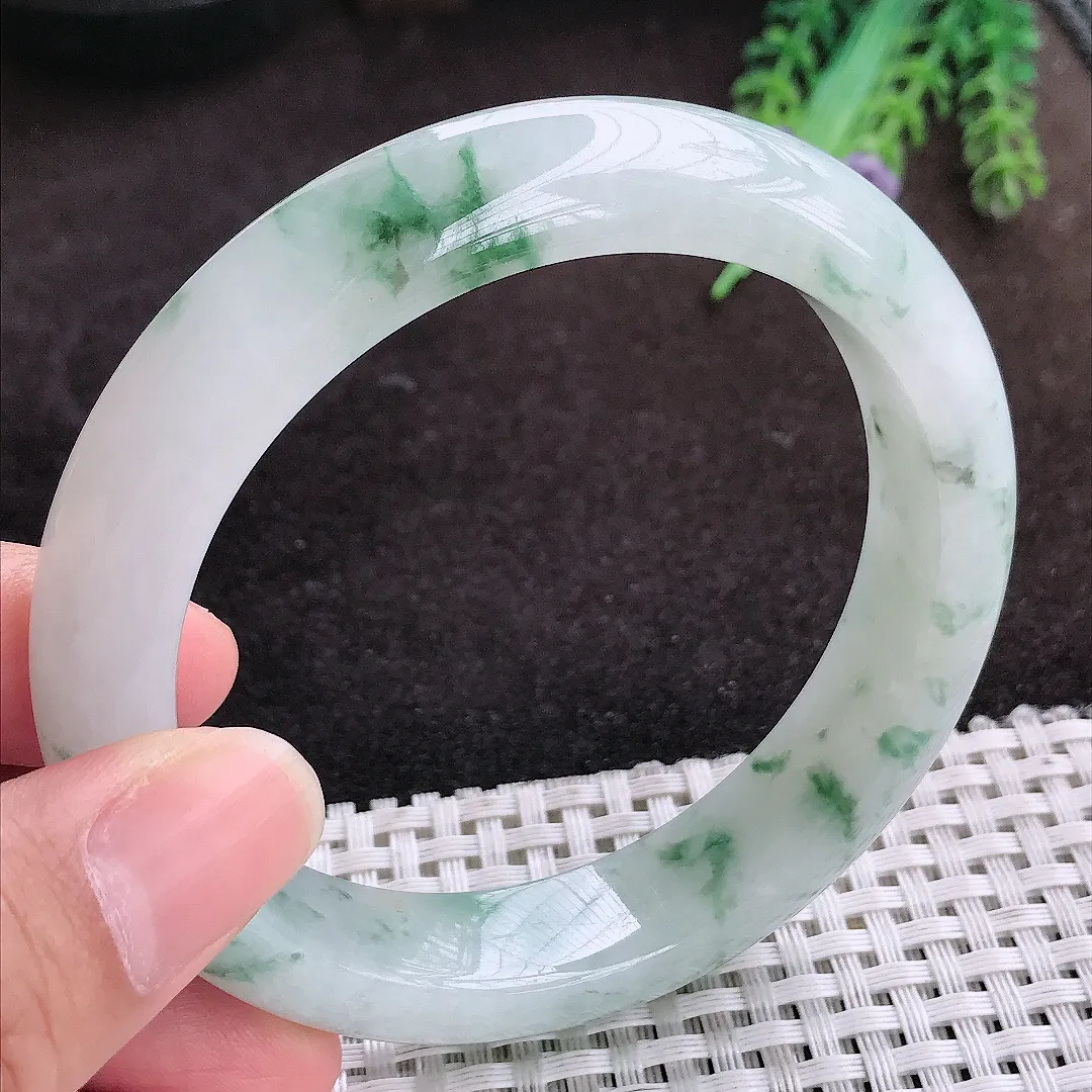 自然光60.5/13.5/9.3老坑精美冰润飘花大圈口手镯宽边翡翠玉镯手环