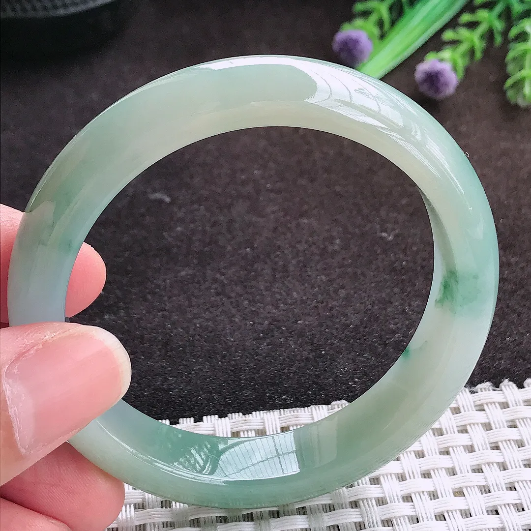 自然光55/12.8/7.8老坑冰润起胶飘花手镯宽边翡翠玉镯手环