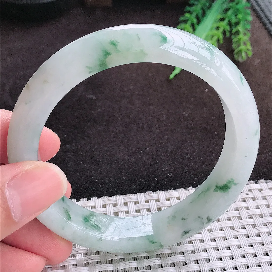 自然光60.5/13.5/9.3老坑精美冰润飘花大圈口手镯宽边翡翠玉镯手环