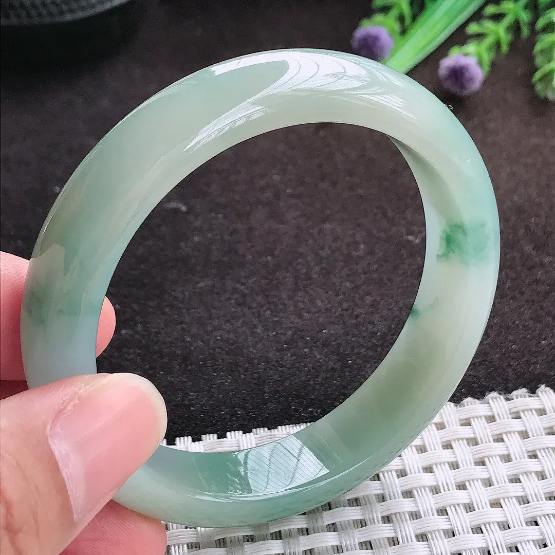 自然光55/12.8/7.8老坑冰润起胶飘花手镯宽边翡翠玉镯手环