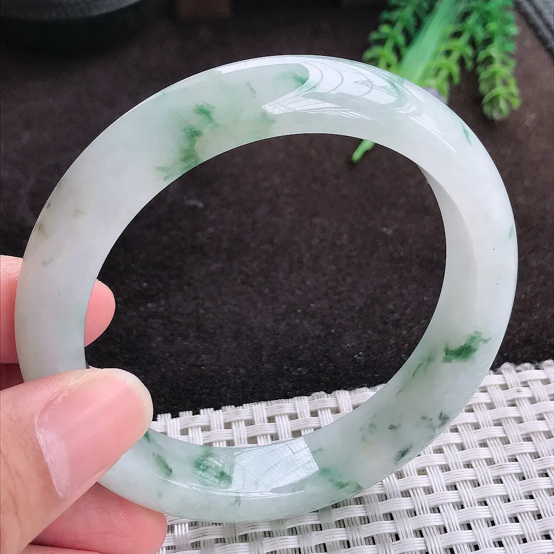 自然光60.5/13.5/9.3老坑精美冰润飘花大圈口手镯宽边翡翠玉镯手环