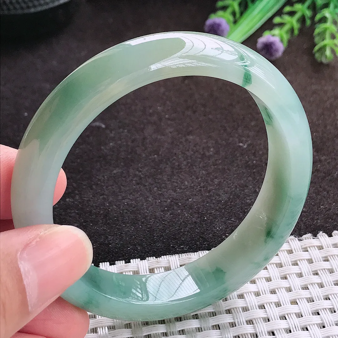 自然光55/12.8/7.8老坑冰润起胶飘花手镯宽边翡翠玉镯手环