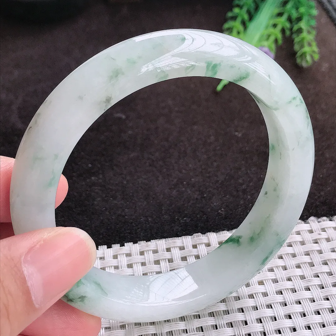 自然光60.5/13.5/9.3老坑精美冰润飘花大圈口手镯宽边翡翠玉镯手环