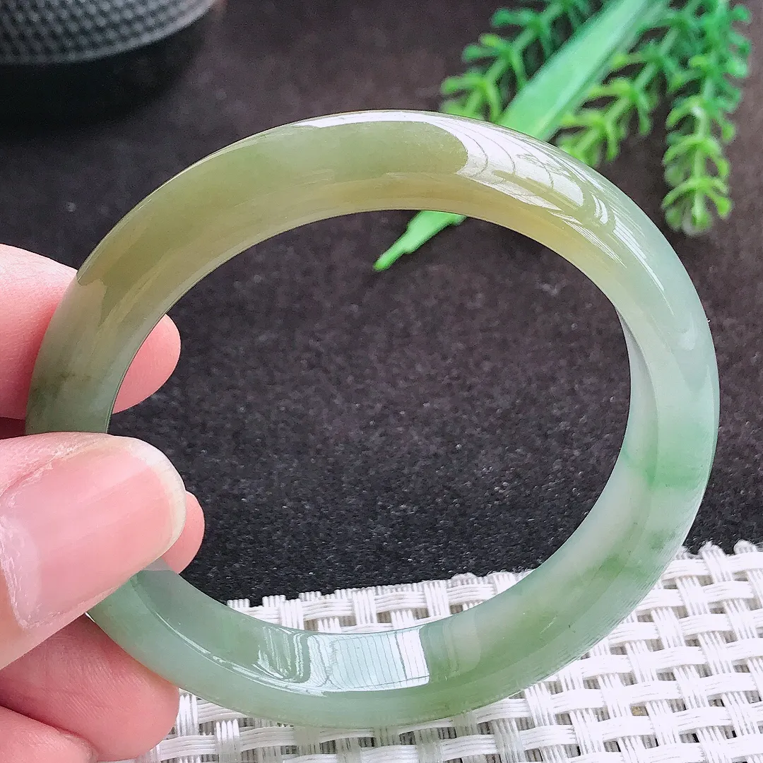 自然光52/11.1/7.3老坑冰胶水灵黄加绿手镯宽边翡翠玉镯手环小圈口