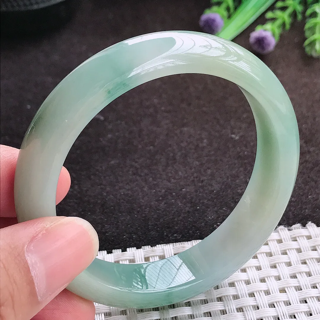 自然光55/12.8/7.8老坑冰润起胶飘花手镯宽边翡翠玉镯手环