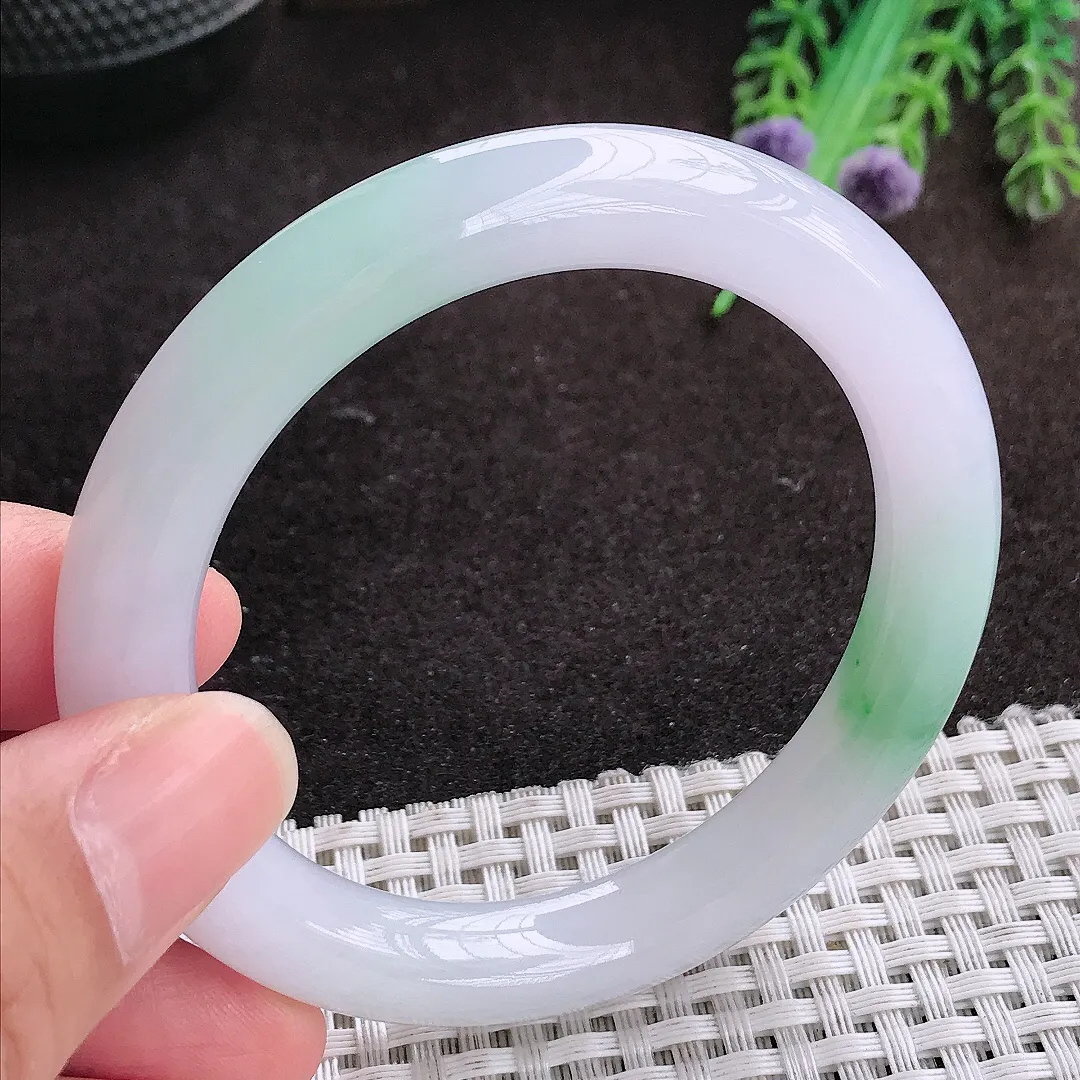 自然光54/9.4/9.6老坑冰胶果冻飘绿圆条手镯宽边翡翠玉镯手环