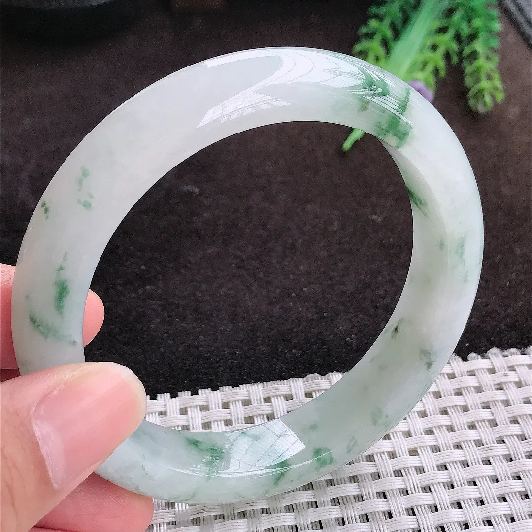 自然光60.5/13.5/9.3老坑精美冰润飘花大圈口手镯宽边翡翠玉镯手环