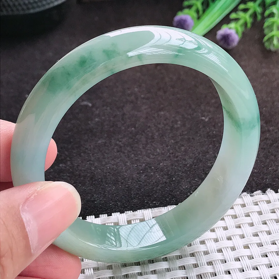 自然光55/12.8/7.8老坑冰润起胶飘花手镯宽边翡翠玉镯手环
