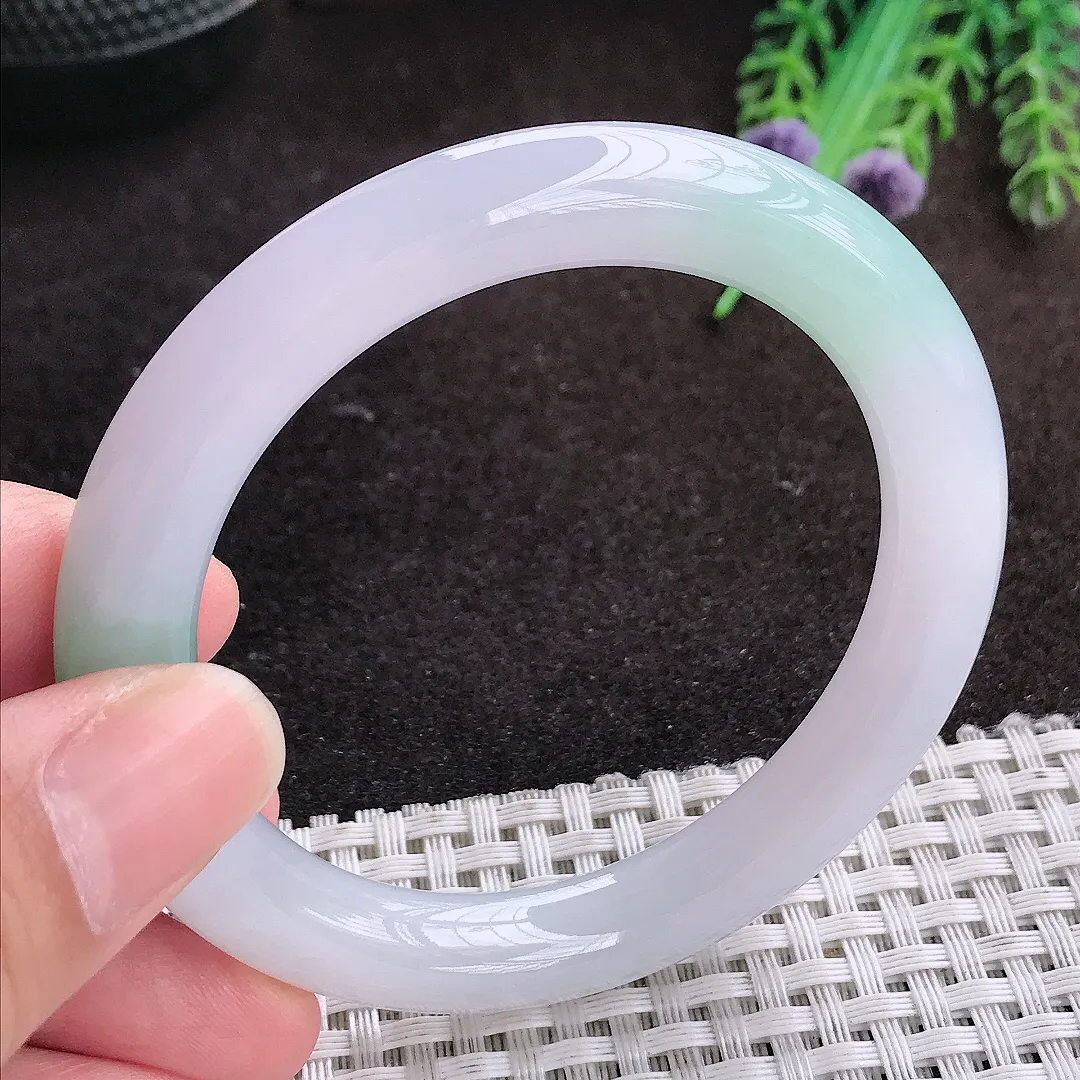 自然光54/9.4/9.6老坑冰胶果冻飘绿圆条手镯宽边翡翠玉镯手环