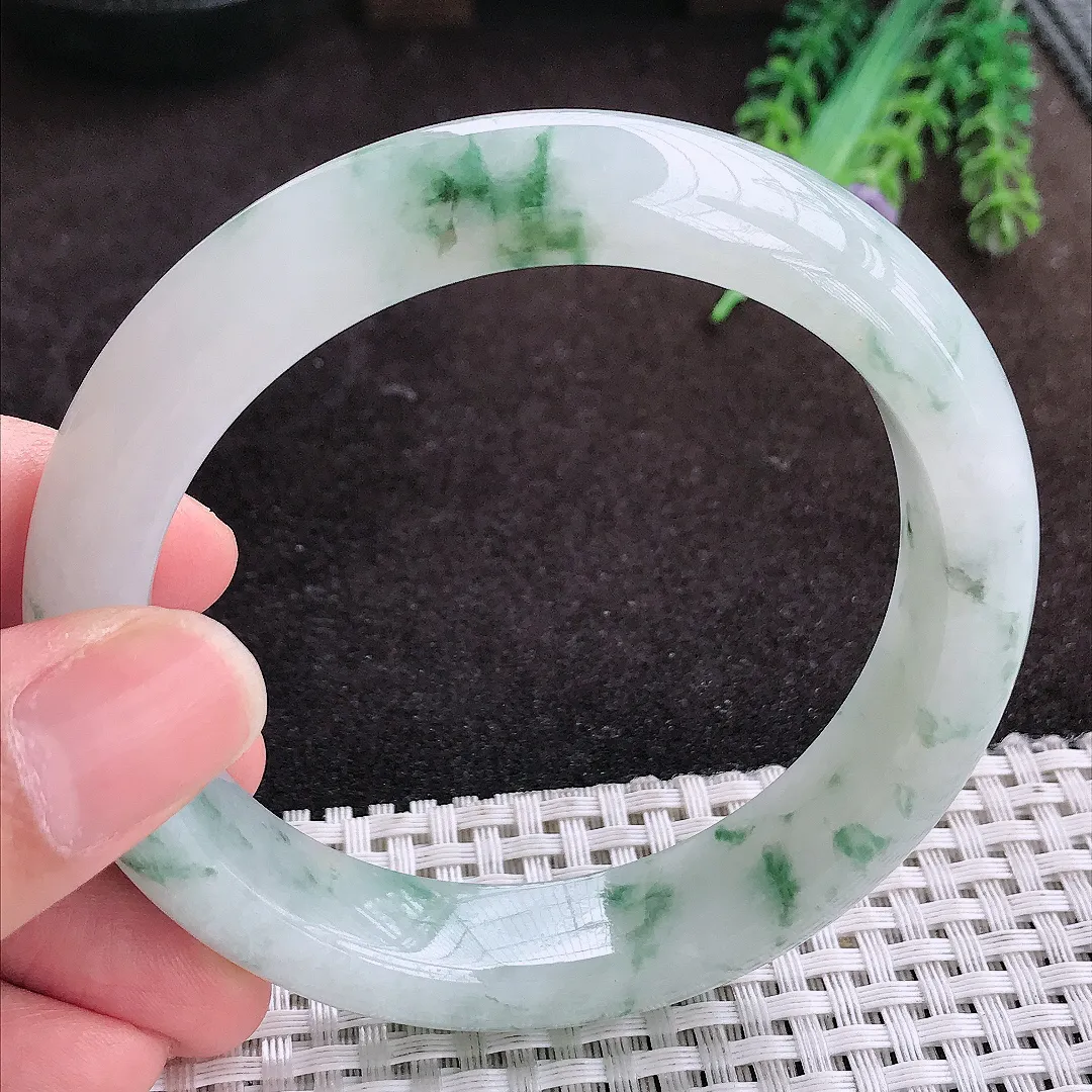 自然光60.5/13.5/9.3老坑精美冰润飘花大圈口手镯宽边翡翠玉镯手环