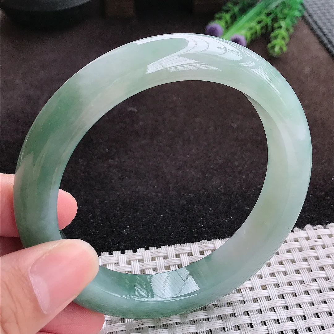 自然光63.8/13.3/9.8老坑冰胶果冻飘花大圈口手镯宽边翡翠玉镯手环