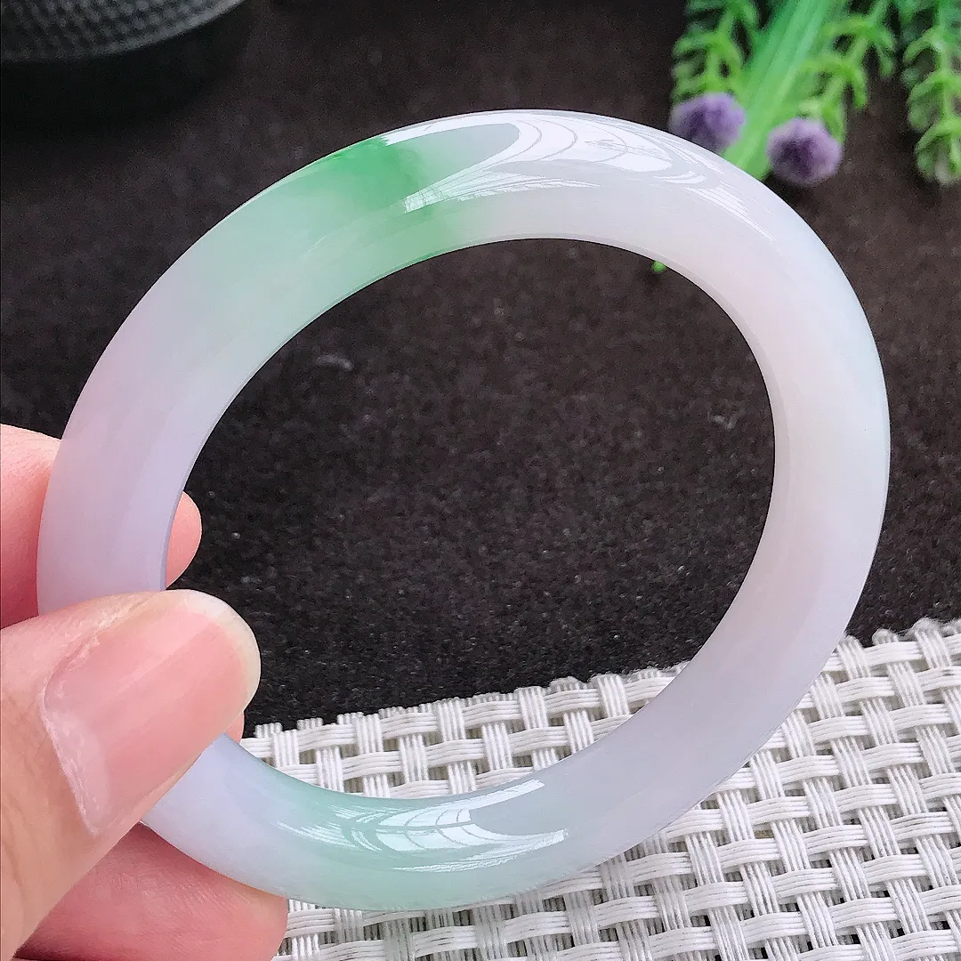 自然光54/9.4/9.6老坑冰胶果冻飘绿圆条手镯宽边翡翠玉镯手环