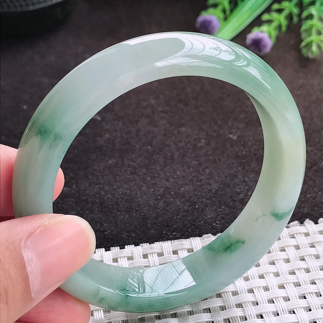 自然光55/12.8/7.8老坑冰润起胶飘花手镯宽边翡翠玉镯手环