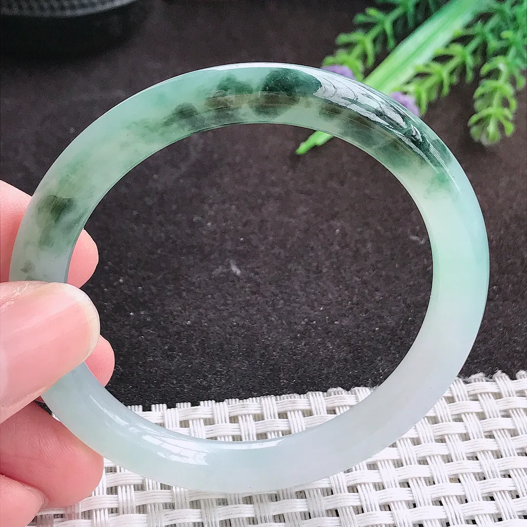 自然光53/7.4/7.8老坑冰胶水灵飘花圆条手镯翡翠玉镯手环