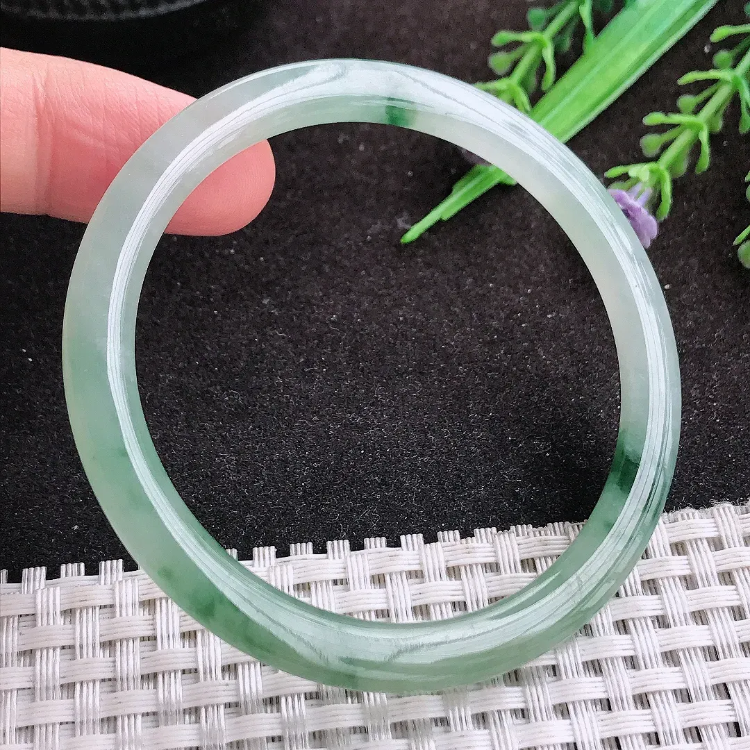 自然光54/5.1/6.7老坑冰润起胶飘花细条叮当镯手镯翡翠玉镯手环