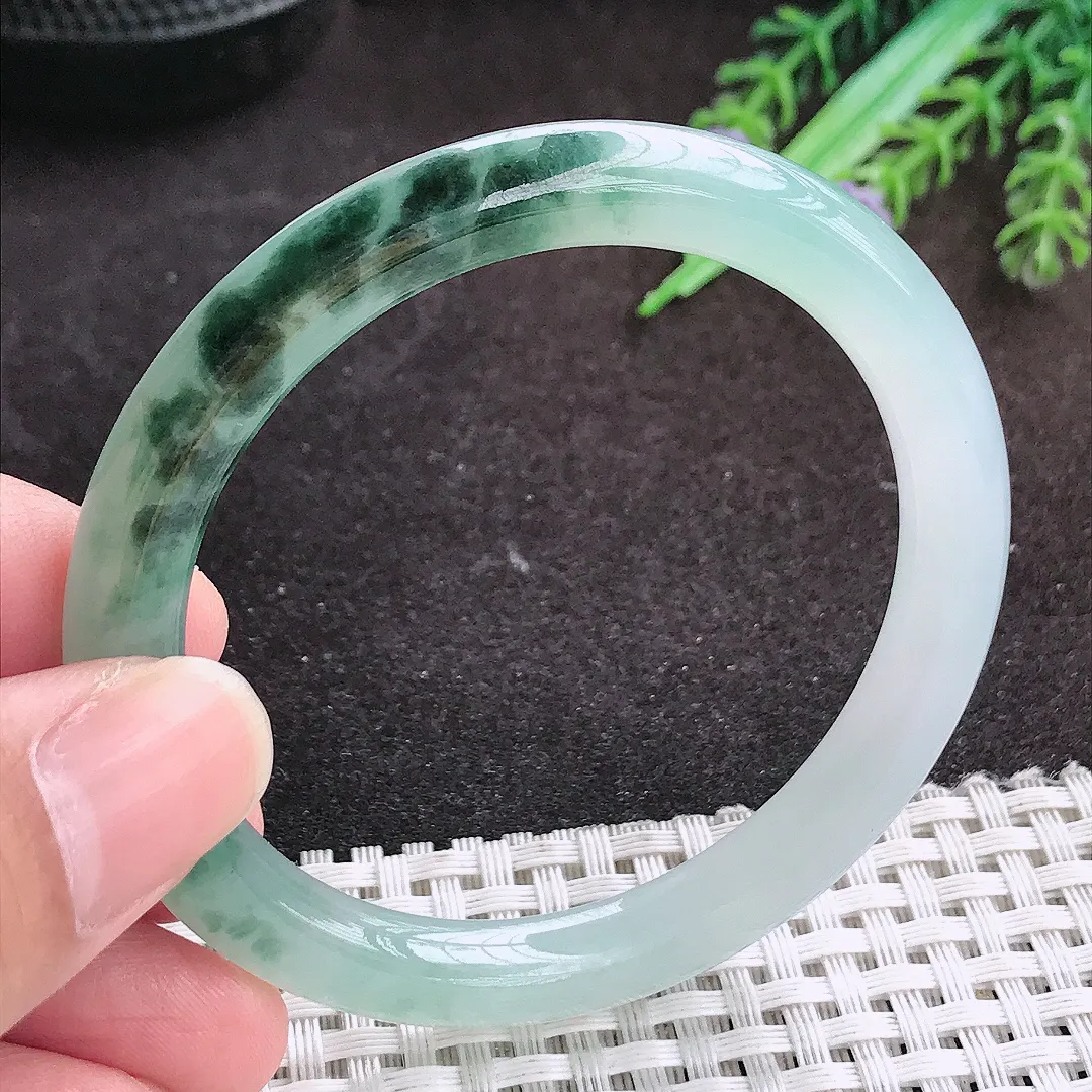 自然光53/7.4/7.8老坑冰胶水灵飘花圆条手镯翡翠玉镯手环
