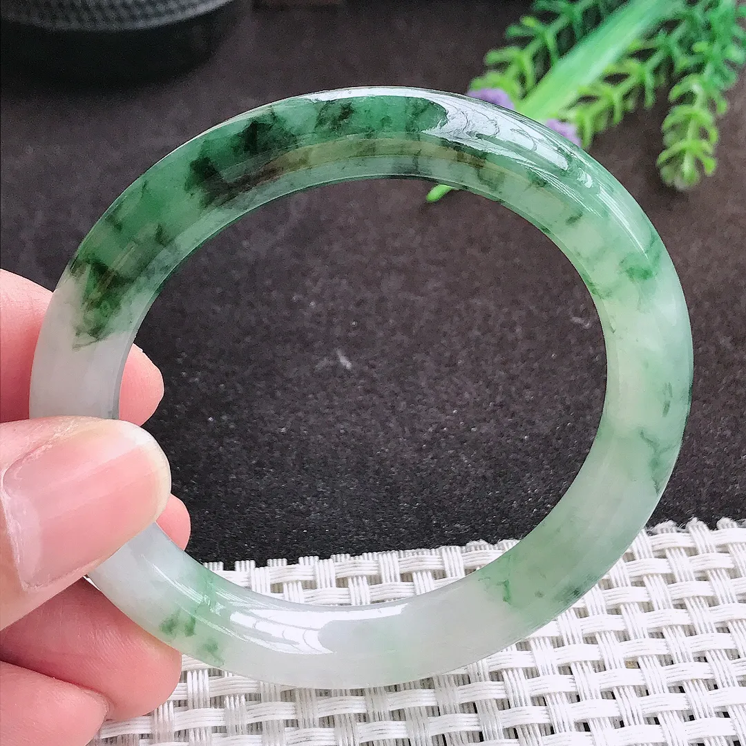 自然光53.5/9.4/9.2老坑精美冰润飘花圆条手镯翡翠玉镯手环