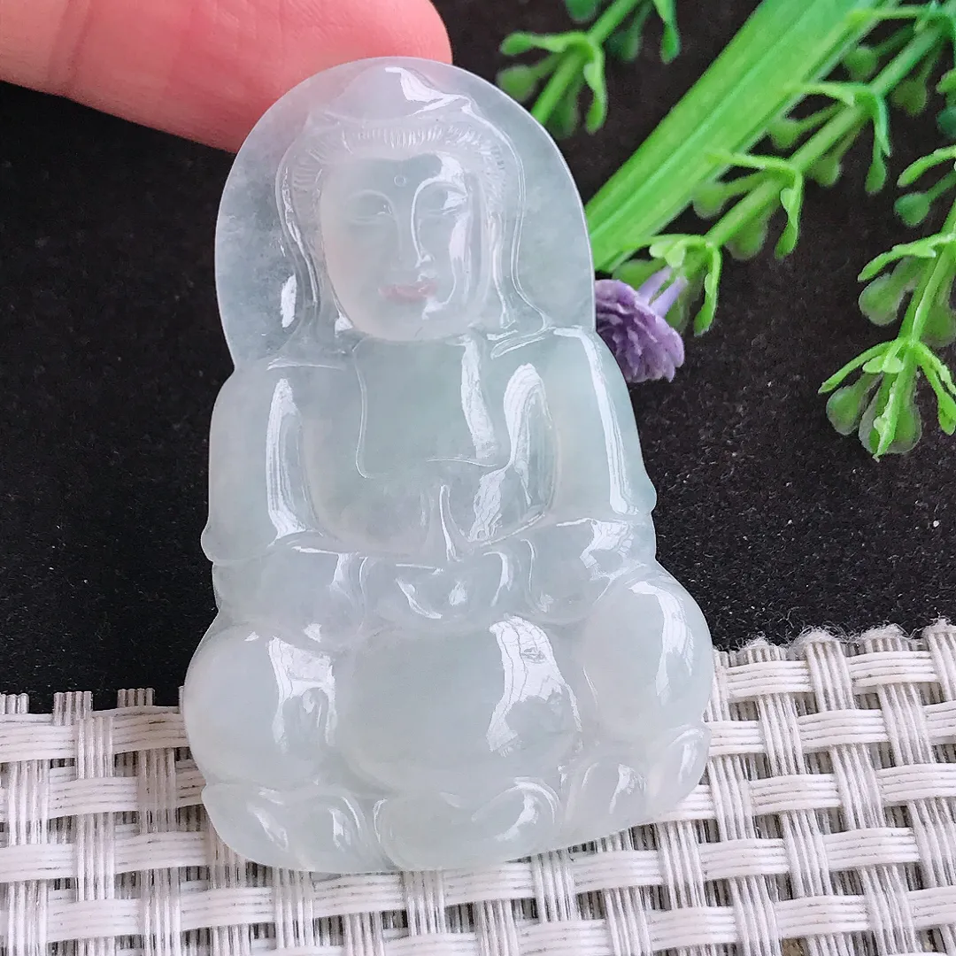 自然光52.4/34.3/4.8老坑冰胶白冰观音菩萨挂件翡翠玉坠吊坠百搭