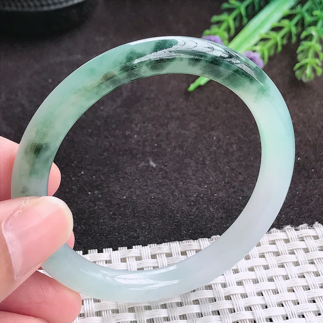 自然光53/7.4/7.8老坑冰胶水灵飘花圆条手镯翡翠玉镯手环