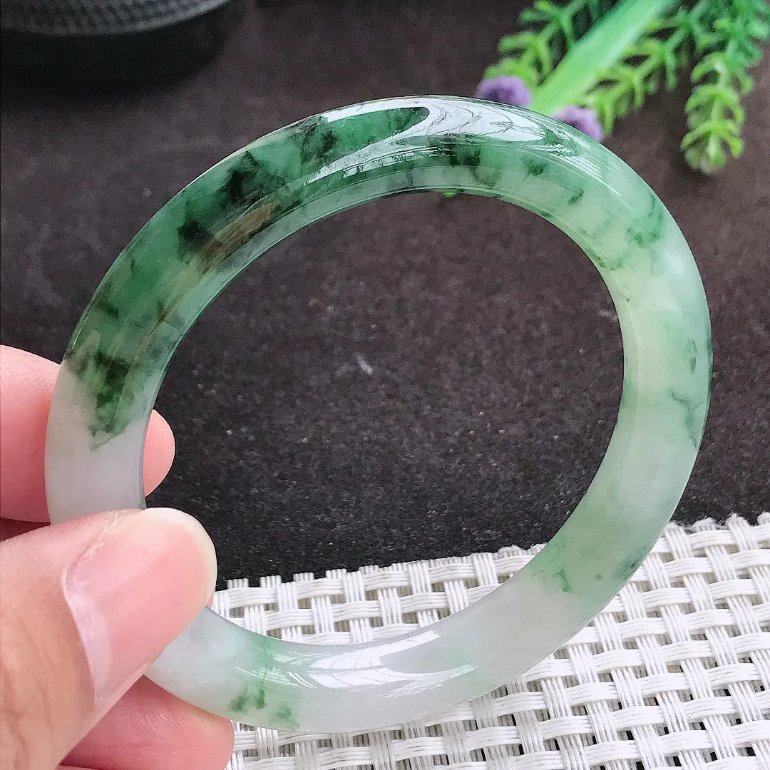 自然光53.5/9.4/9.2老坑精美冰润飘花圆条手镯翡翠玉镯手环