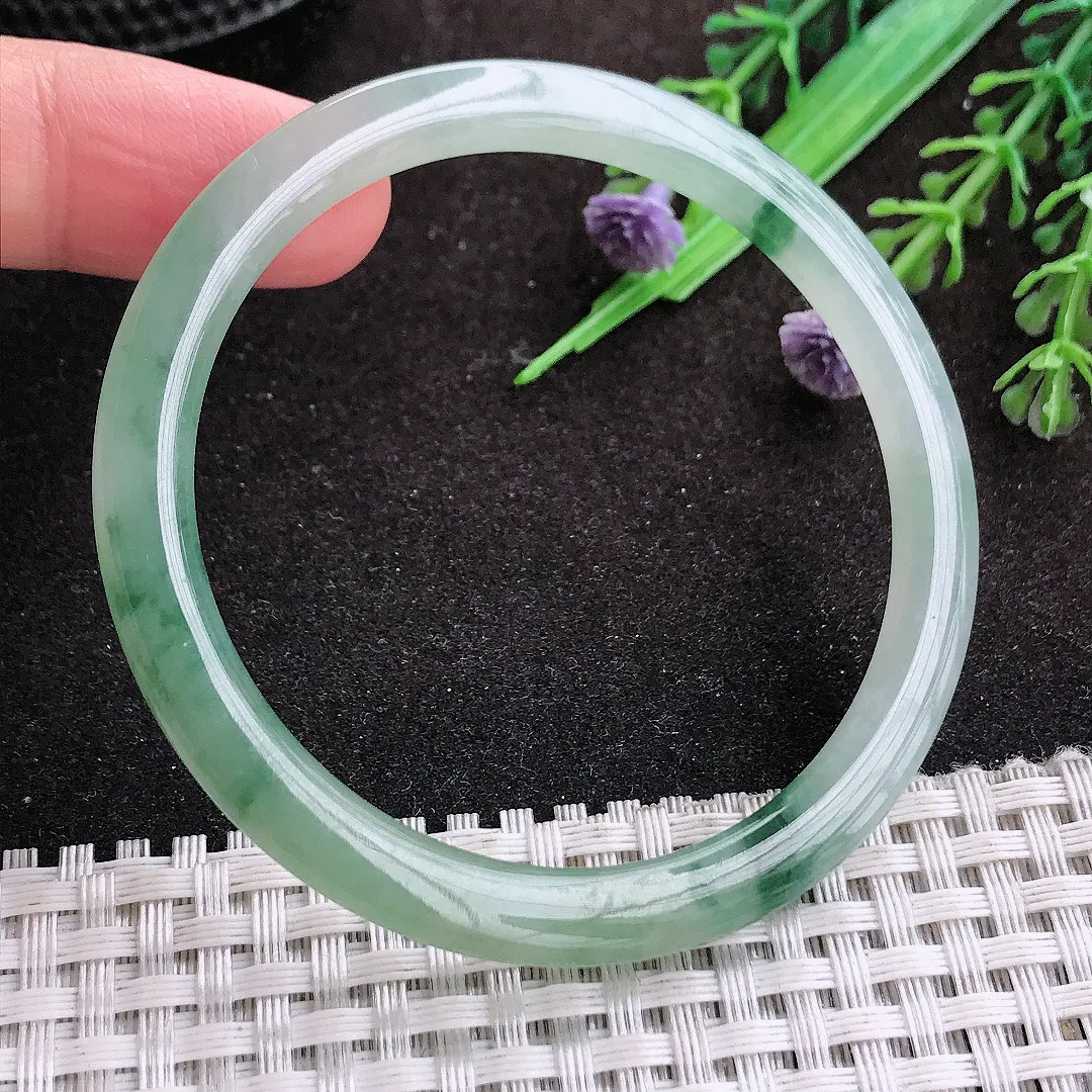 自然光54/5.1/6.7老坑冰润起胶飘花细条叮当镯手镯翡翠玉镯手环