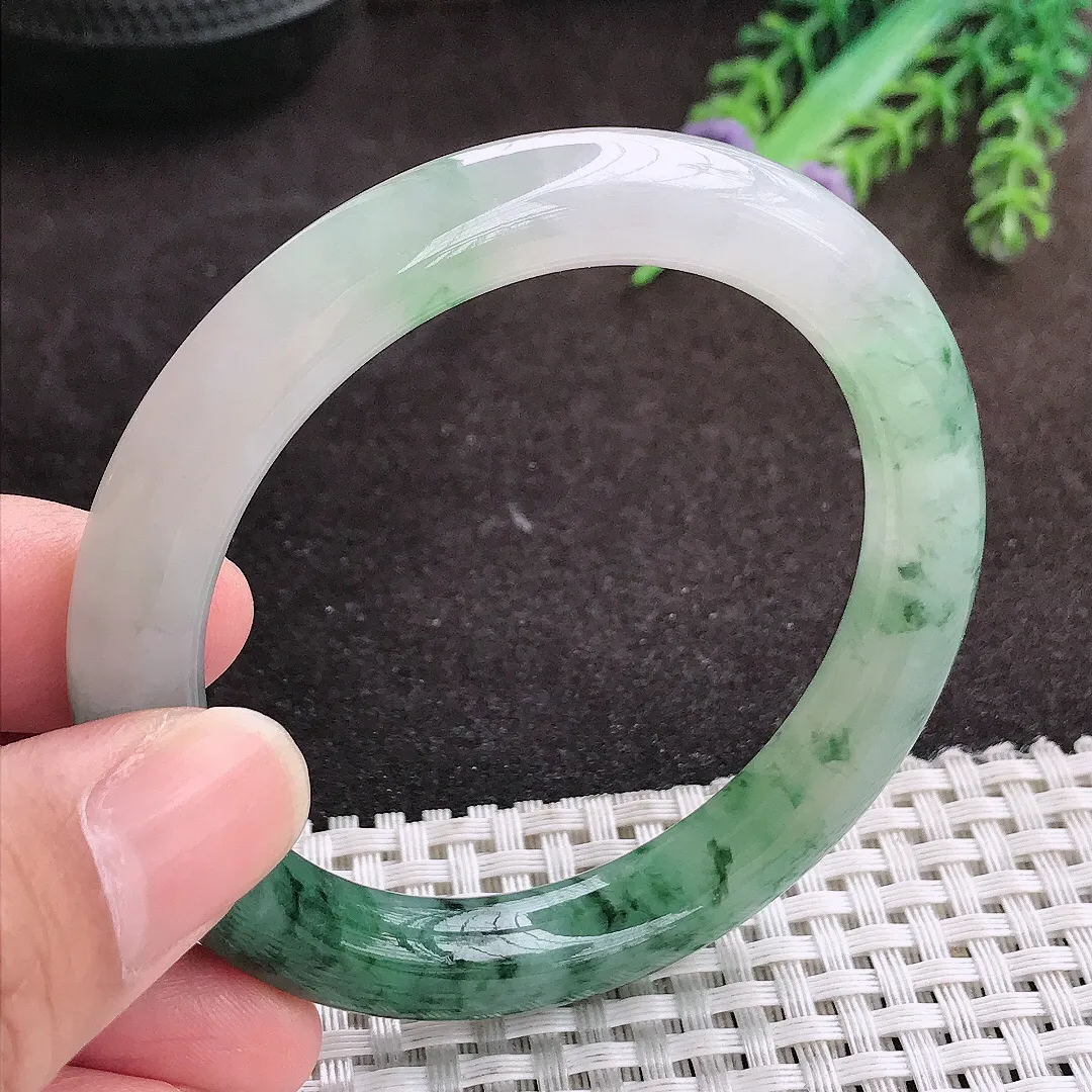 自然光53.5/9.4/9.2老坑精美冰润飘花圆条手镯翡翠玉镯手环