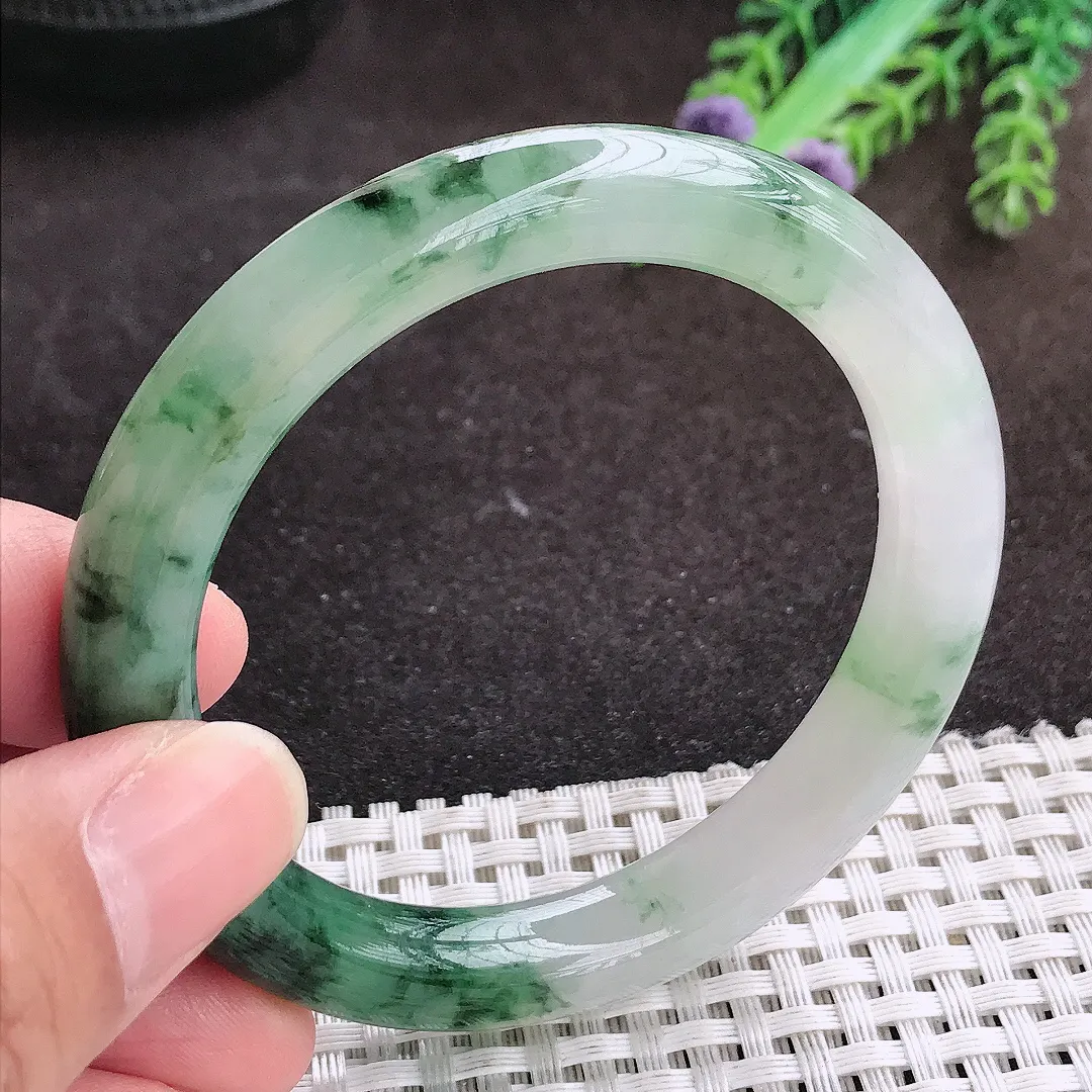 自然光53.5/9.4/9.2老坑精美冰润飘花圆条手镯翡翠玉镯手环