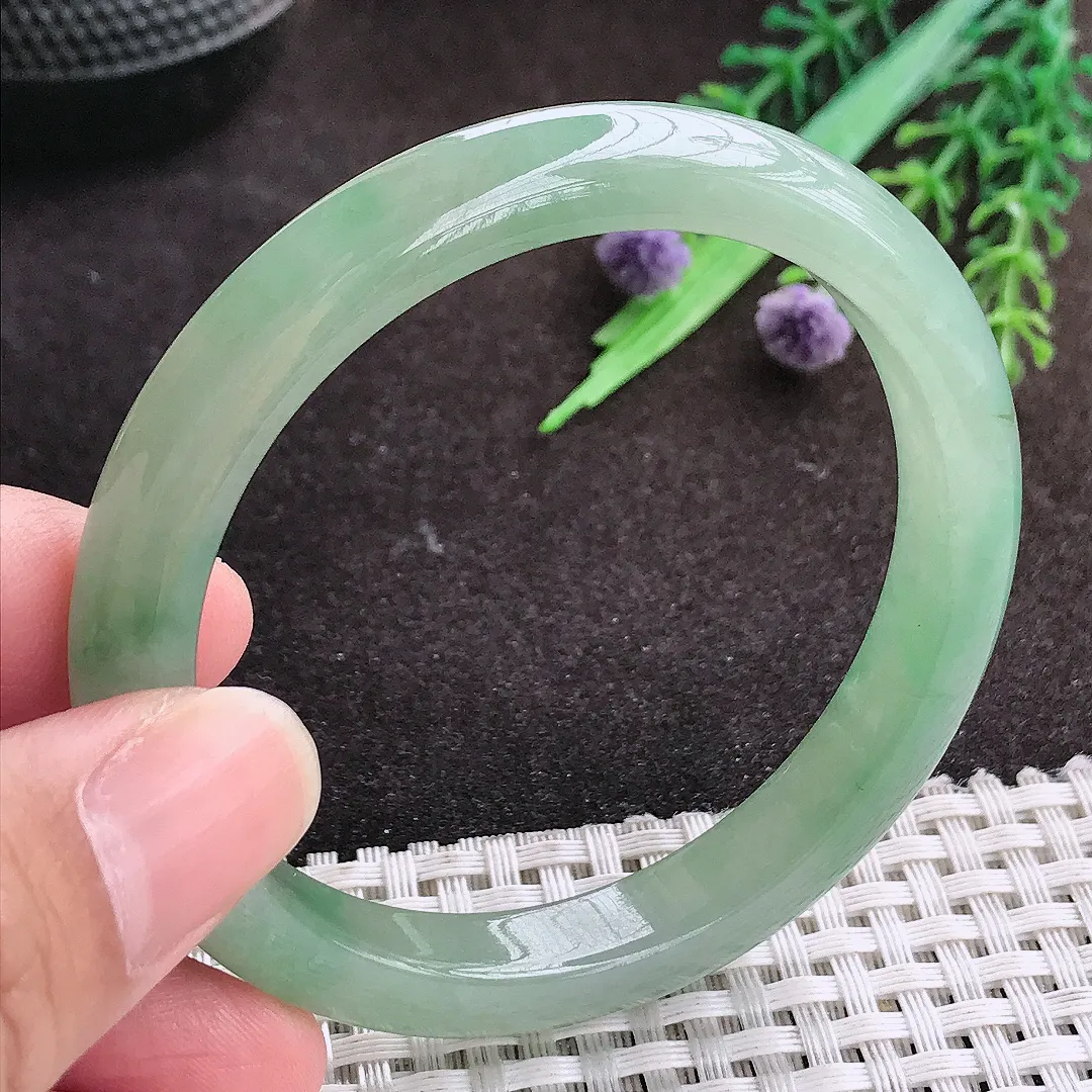 自然光55.5/9/7.5老坑冰胶果冻冰晴绿手镯宽边翡翠玉镯手环