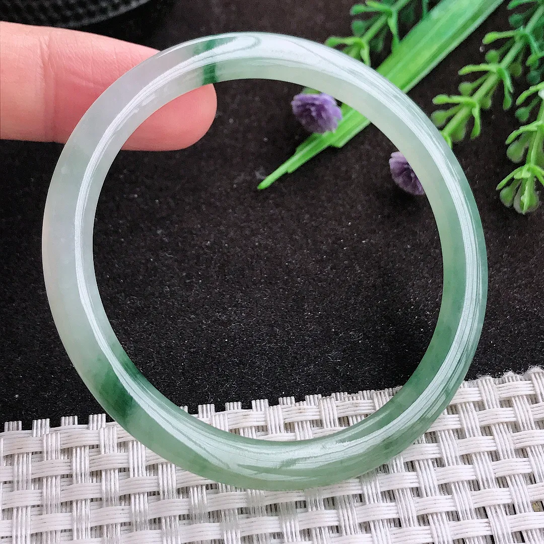 自然光54/5.1/6.7老坑冰润起胶飘花细条叮当镯手镯翡翠玉镯手环