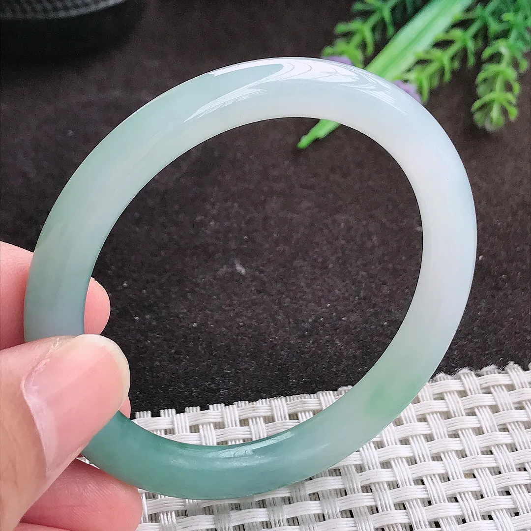 自然光53/7.4/7.8老坑冰胶水灵飘花圆条手镯翡翠玉镯手环