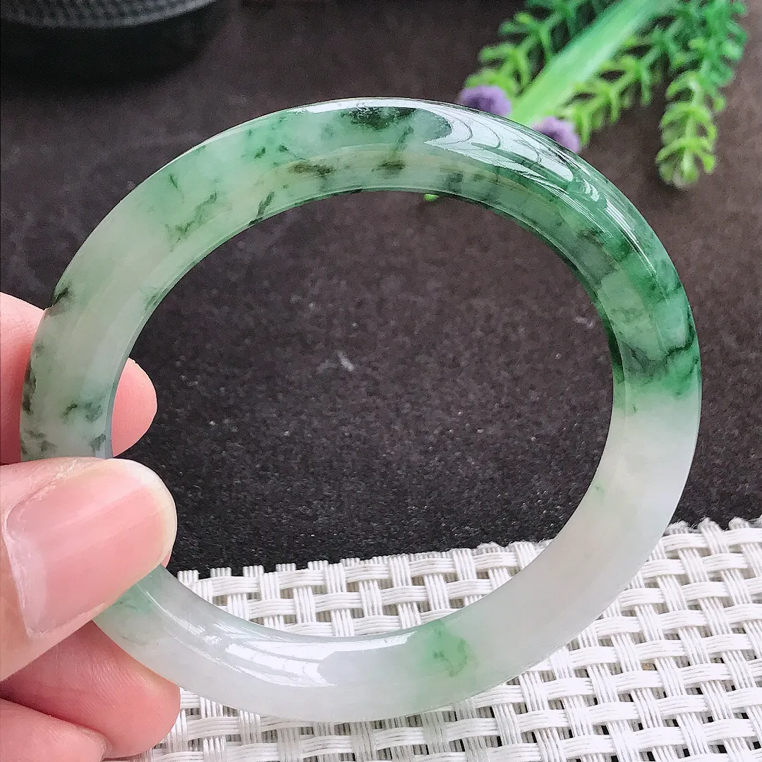 自然光53.5/9.4/9.2老坑精美冰润飘花圆条手镯翡翠玉镯手环