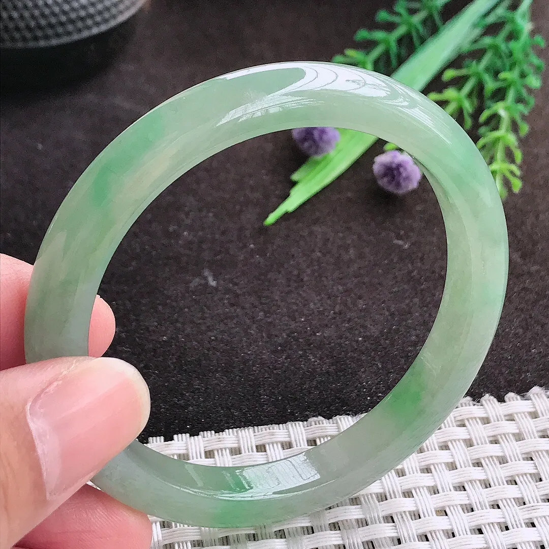 自然光55.5/9/7.5老坑冰胶果冻冰晴绿手镯宽边翡翠玉镯手环