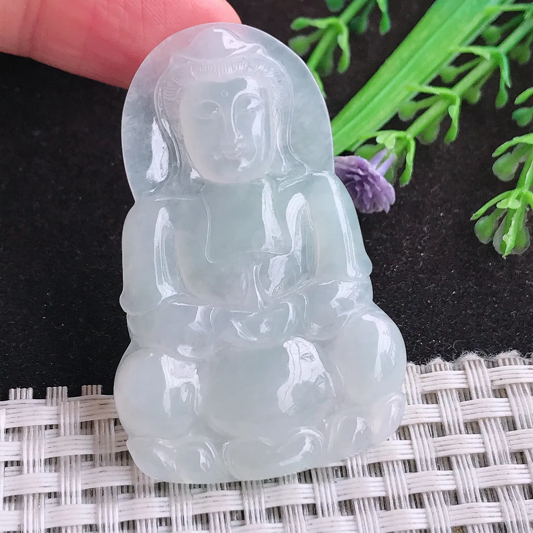 自然光52.4/34.3/4.8老坑冰胶白冰观音菩萨挂件翡翠玉坠吊坠百搭