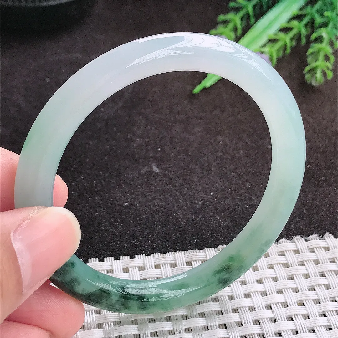 自然光53/7.4/7.8老坑冰胶水灵飘花圆条手镯翡翠玉镯手环