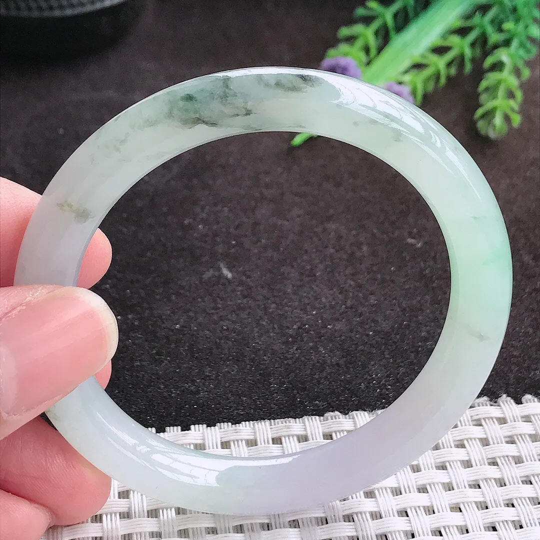 自然光52.5/8.4/8.1老坑冰胶水灵飘花圆条手镯宽边翡翠玉镯手环