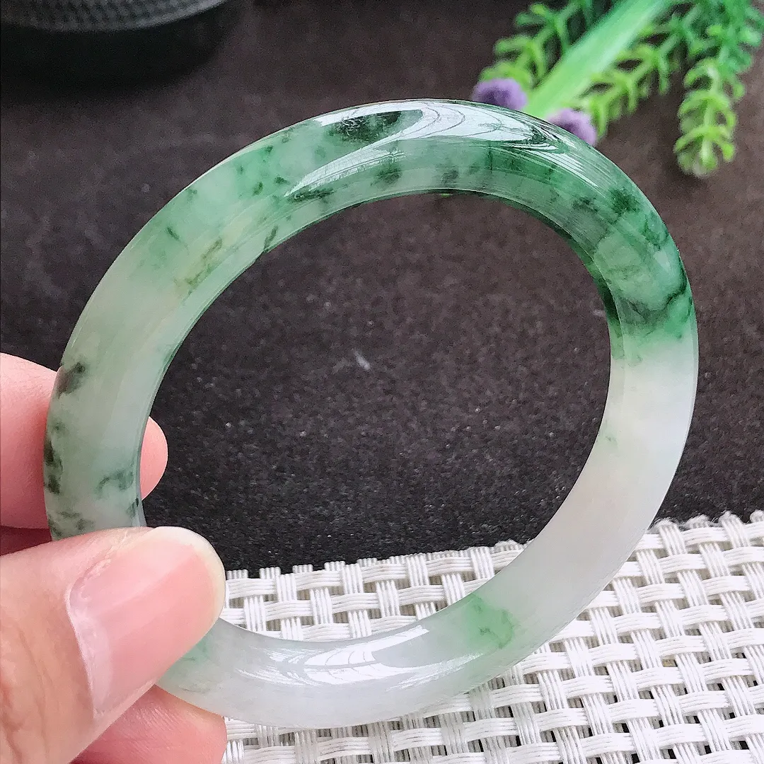 自然光53.5/9.4/9.2老坑精美冰润飘花圆条手镯翡翠玉镯手环