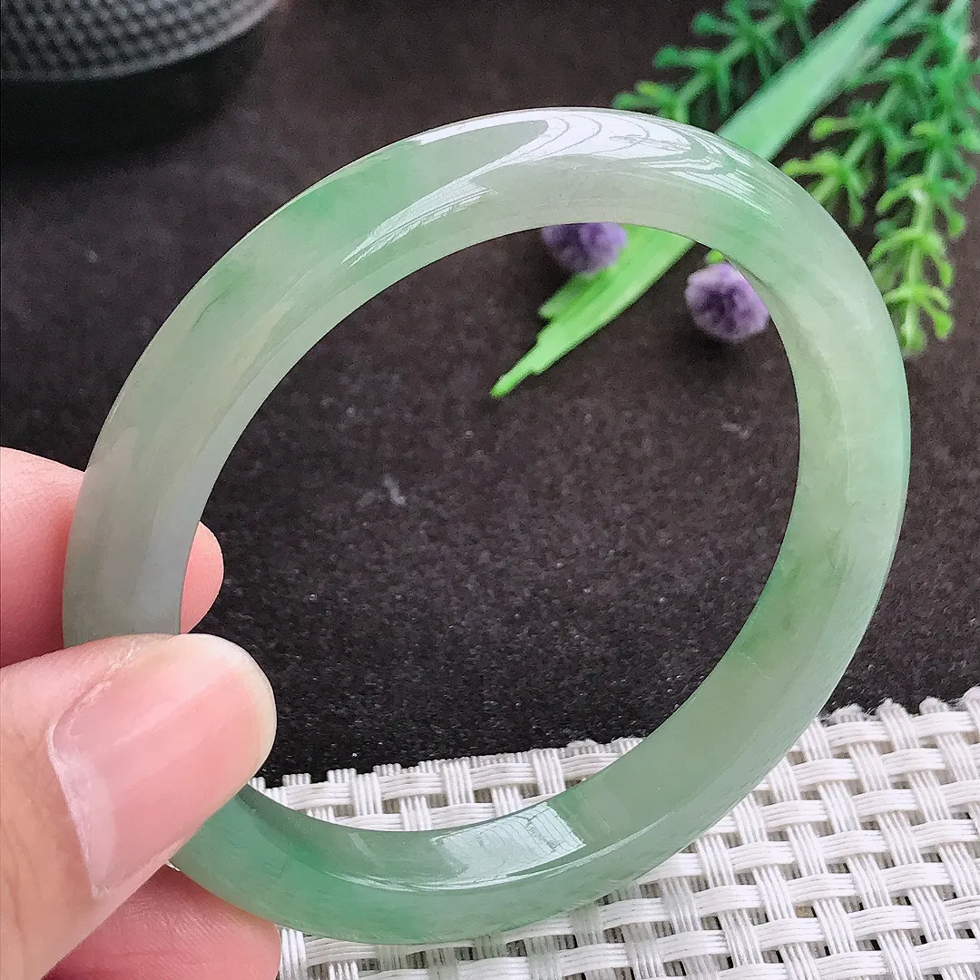 自然光55.5/9/7.5老坑冰胶果冻冰晴绿手镯宽边翡翠玉镯手环
