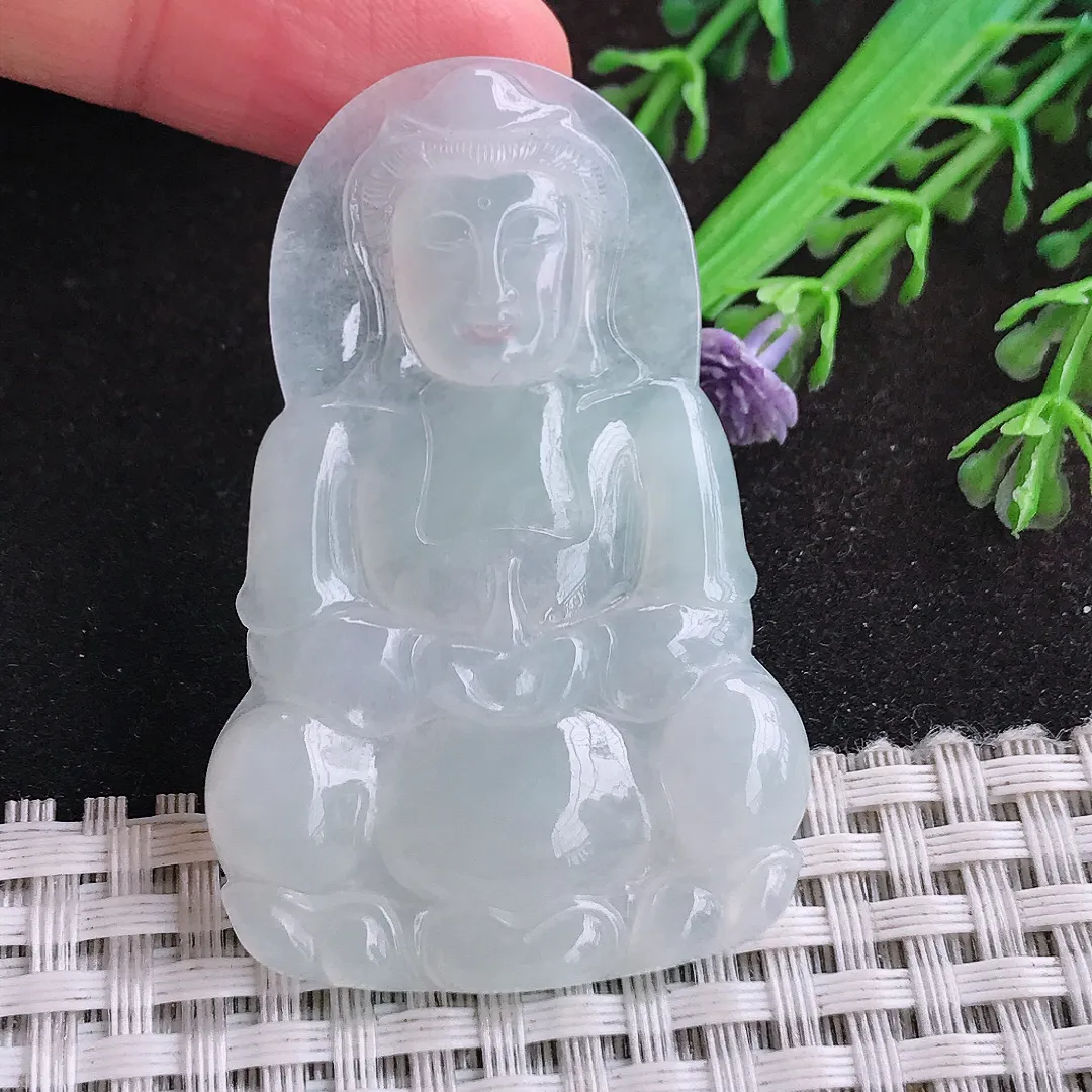 自然光52.4/34.3/4.8老坑冰胶白冰观音菩萨挂件翡翠玉坠吊坠百搭