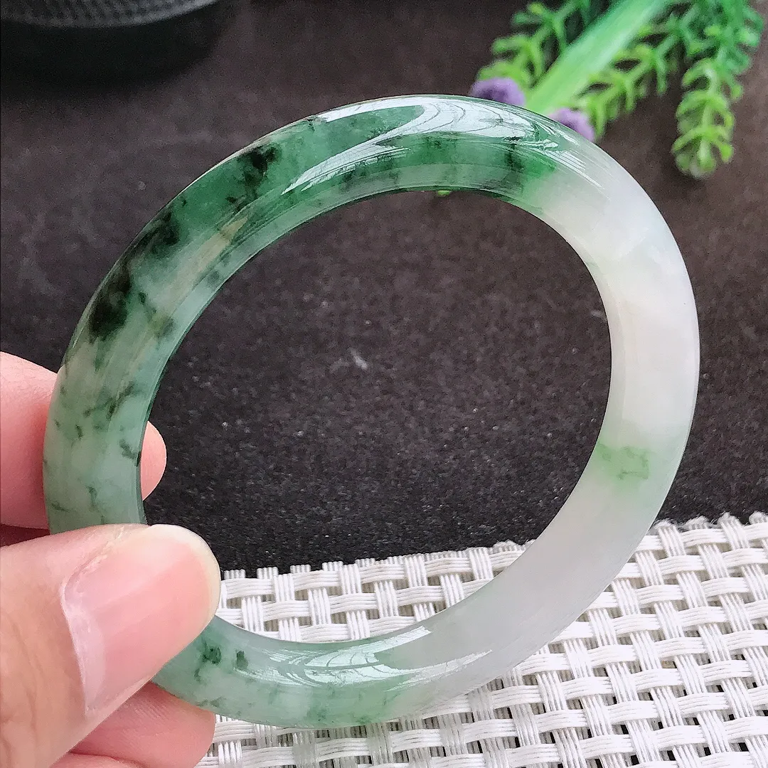 自然光53.5/9.4/9.2老坑精美冰润飘花圆条手镯翡翠玉镯手环